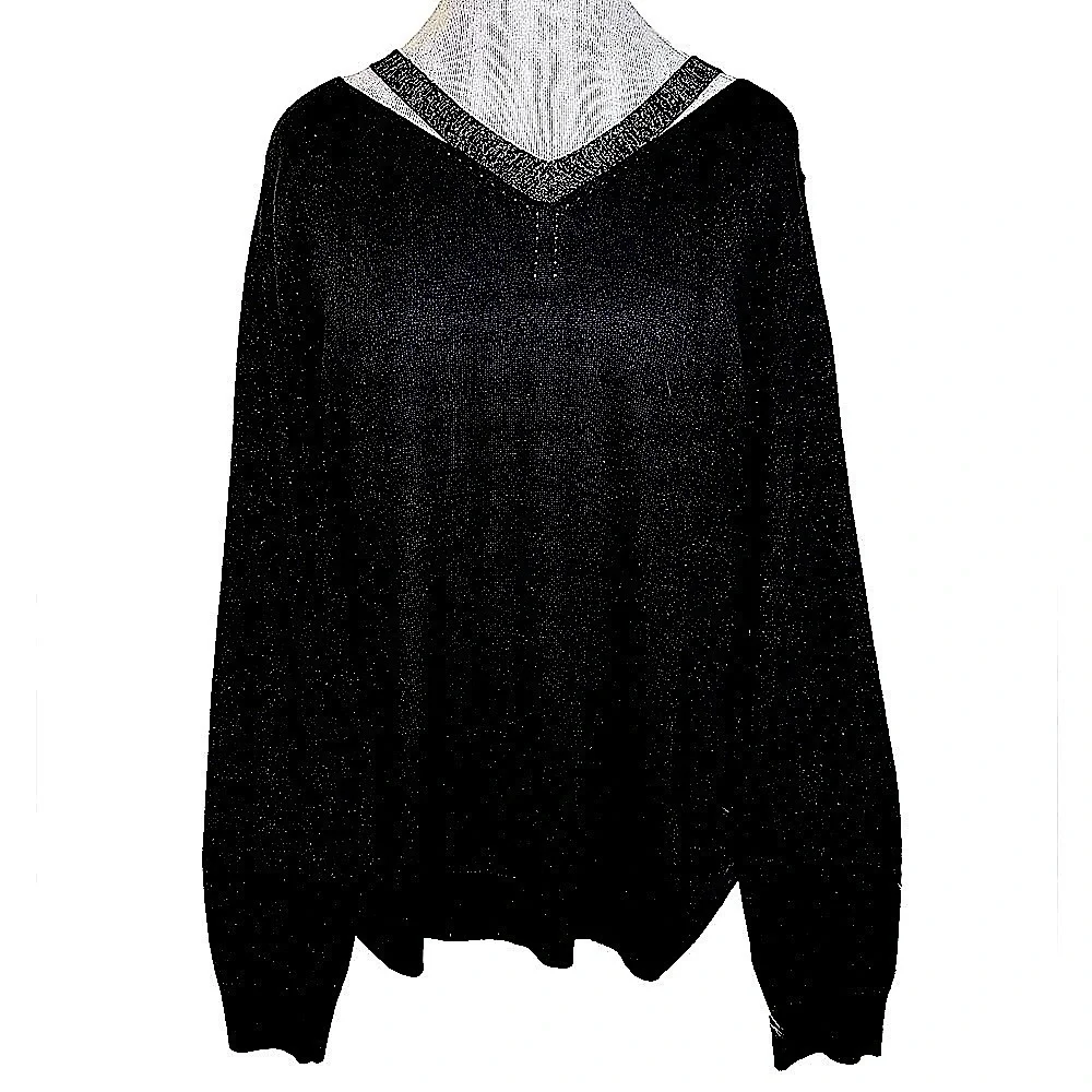JOSEPH A. Black & Silver V-Neck Lightweight Sweater with Silver Cut-Out Accents